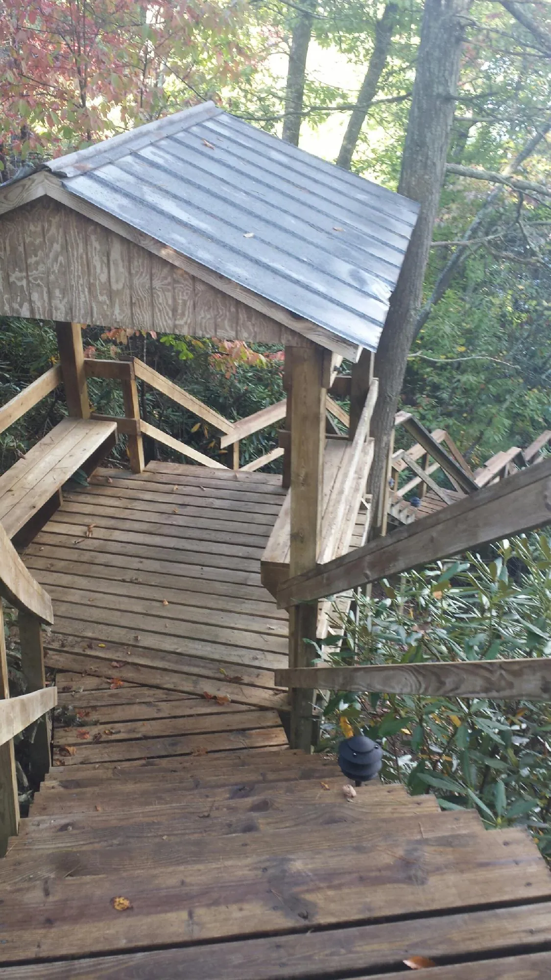 Metal roofed shelter over wooden steps on a wooded walkway — Skylight Repair & Installation work by our crew in Braithwaite
